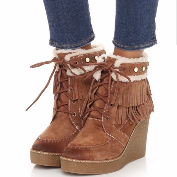 Sam Edelman Kemper Brown Suede Fringe Wedge Platform Ankle Boots - Picture 3 of 9